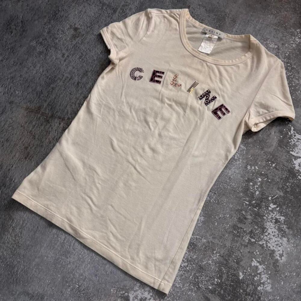 Celine White Logo Baby Tee. Size Small - Picture 3 of 5